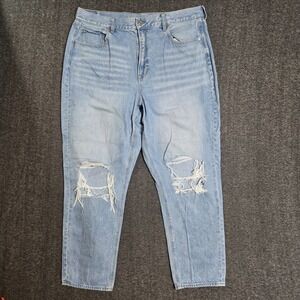 American Eagle Mom Jeans Women Plus Sz 18 Light Wash Denim Distressed Whiskering